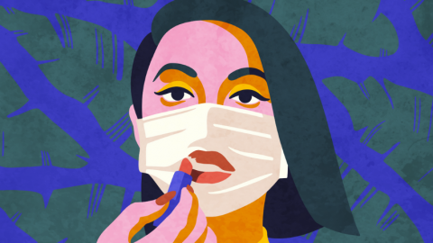 Dessin d'une femme qui met du rouge à lèvres sur son masque