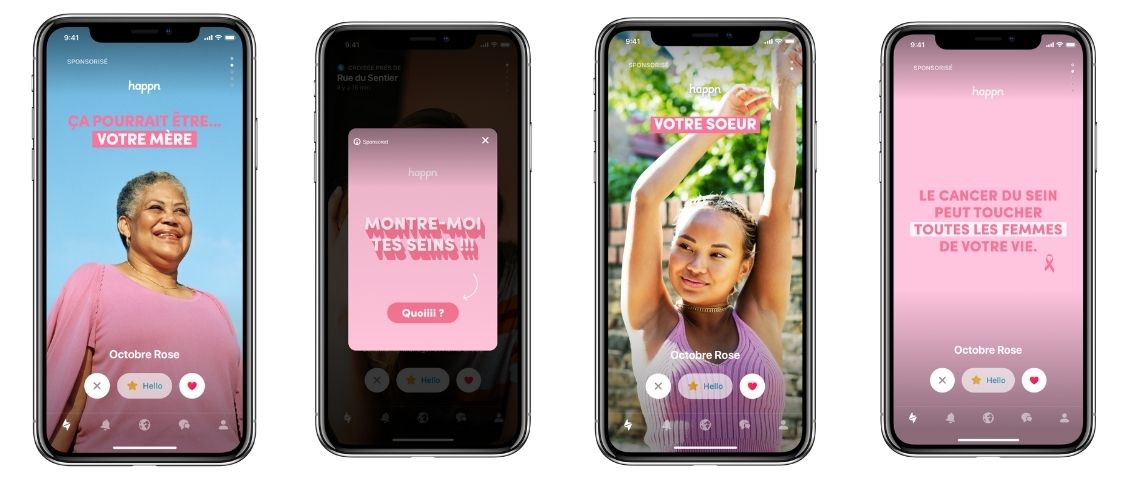 A l'occasion d'Octobre Rose, Happn lance une campagne de prévention in-app pour lutter contre le cancer du sein Visuels de la campagne in-app d'Happn