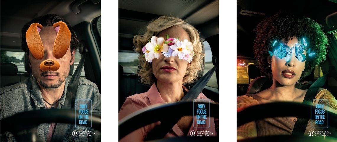 La prévention Routière accompagéne par l'agence mullenLowe, sensibilise les 18-35 ans à l'usage du téléphone au volant 3 personnes avec des filtres sur les yeux