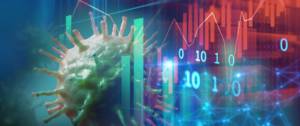 Image mêlant un coronavirus et des graphiques, courbes et chiffres