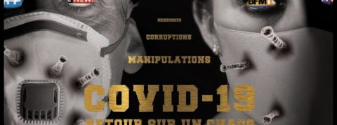 L'affiche du documentaire controversé une homme et une femme masqué avec les logos de télévisions dans les yeux