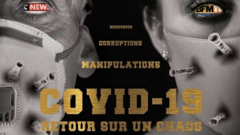 une homme et une femme masqué avec les logos de télévisions dans les yeux