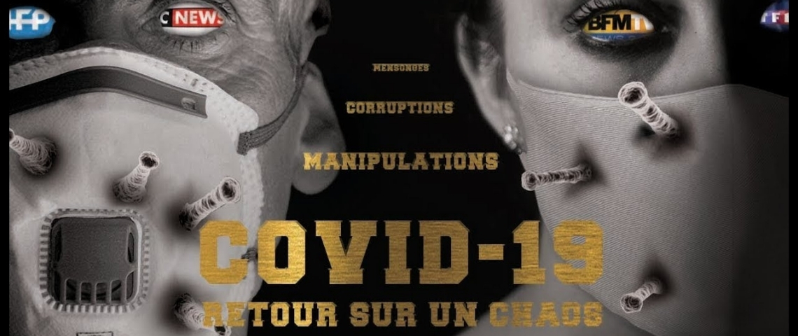L'affiche du documentaire controversé une homme et une femme masqué avec les logos de télévisions dans les yeux
