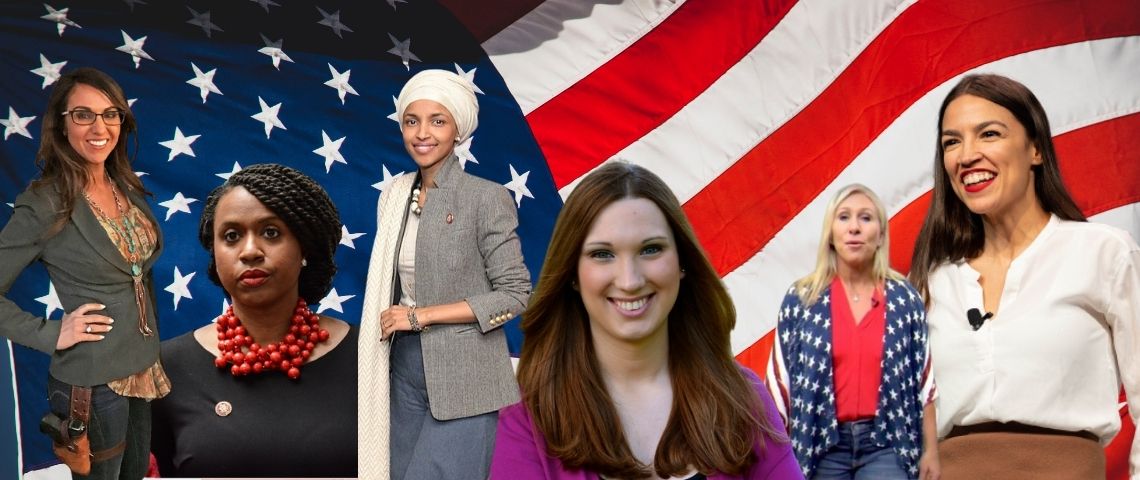 Les nouvelles femmes politiques américaines Alexandria Ocasio Cortez, Lauren Boebert, Ilhan Omar, Marjorie Taylor Greene, Ayanna Pressley et Sarah McBride
