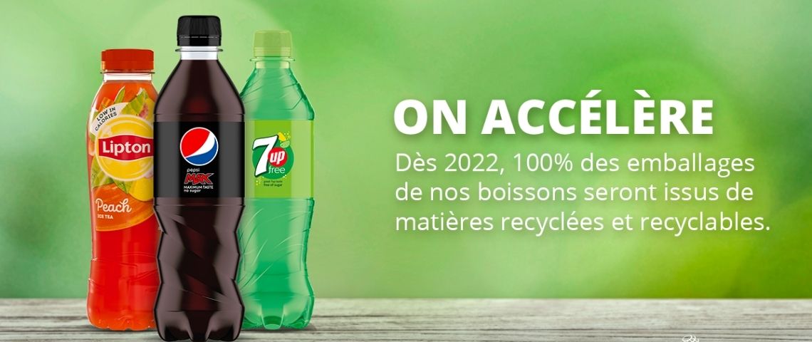 PepsiCo France accélère et s’engage à proposer ses boissons iconiques dans des emballages 100% recyclés dès 2022 Bouteille de Lipton Ice tea, Pepsi et 7up