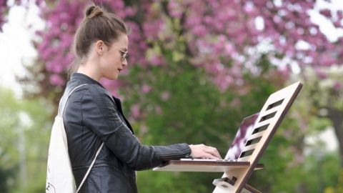 Dehors dans un parc, une jeune femme travaille sur son ordinateur