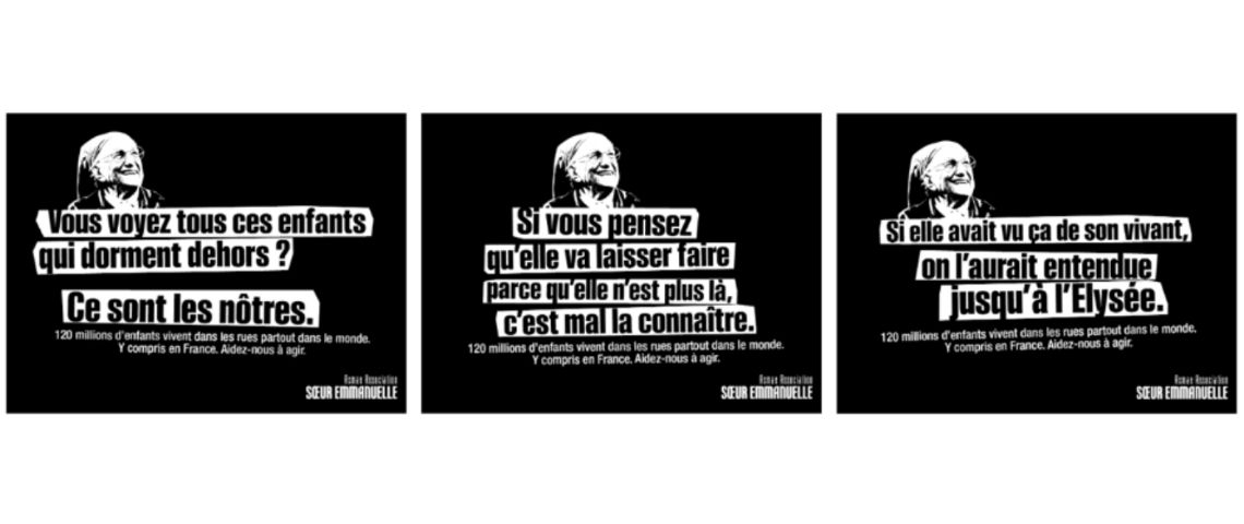120 millions d'enfants vivent dans les rues partout dans le monde, y compris en France : l’ONG Asmae alerte l’opinion sur l’ampleur du phénomène Visuels de la campagne d'Asmae avec Soeur Emmanuelle qui interpelle sur le phénomène des enfants dans les rues
