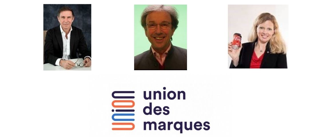 Herve Navellou, Directeur Général de l’Oréal France est élu a l’unanimité de l’Union des marques pour un mandat de deux ans Herve Navellou, Bernard Canetti et Page Guillot avec le logo de l'Union des marques