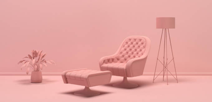 Un salon tout rose avec tous les meubles roses