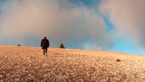un homme marche vers l'horizon dans la nature