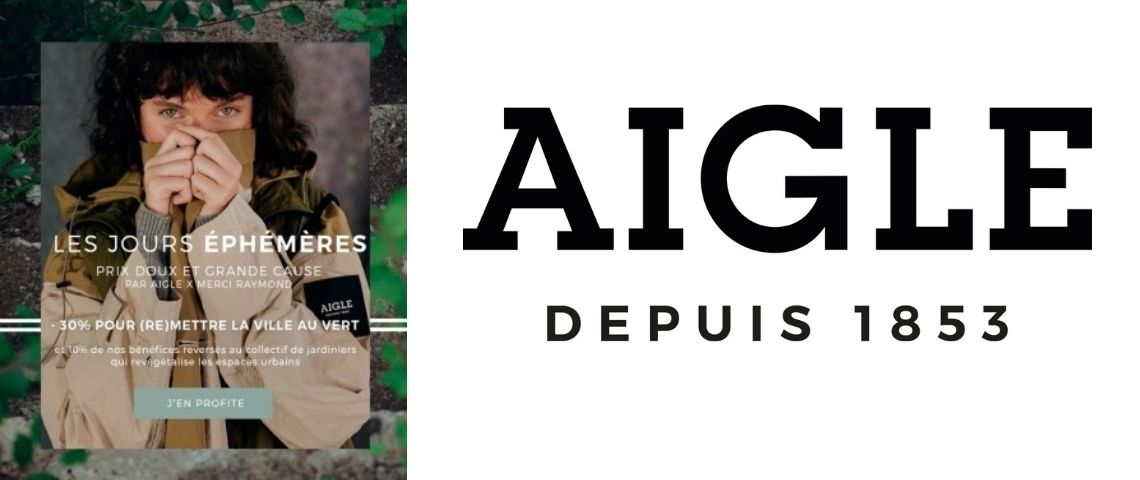 Aigle s’engage à reverser 10% des bénéfices de ses « jours éphémères » à la startup Merci Raymond pour financer la construction d’une ferme urbaine Logo du partenariat Merci Raymond et Aigle