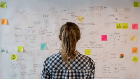 Une femme devant un tableau recouvert de post-it et de notes