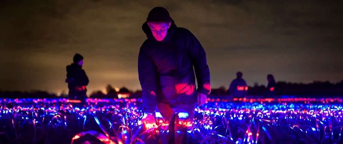 GROW : une installation de lumières dans un champ, pour promouvoir une agriculture durable Un homme dans un champ de lumière