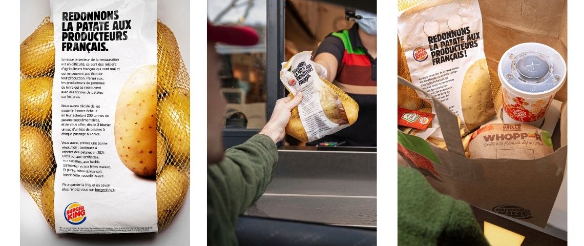 Afin de soutenir les producteurs de pommes de terre Burger King va offrir un kilo de patates à chaque client Affiches de la campagne - Redonner la patate aux producteurs français -
