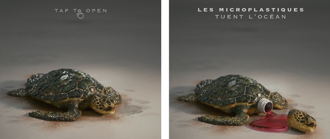 sEn ce début d'année, ici Barbès et Surfrider Foundation Europe ont décidé de frapper un grand coup avec une nouvelle campagne « Microplastics kill the ocean ». A gauche une tortue, à droite une tortue décapitée