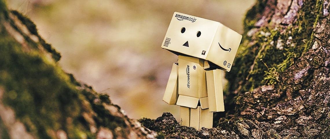 petit personnage triste composé de cartons amazon