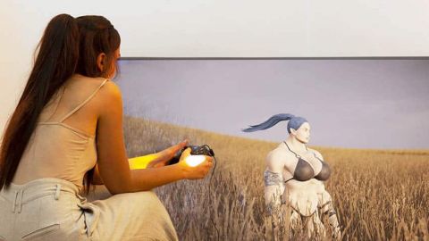 Fille de dos dans la nature jouant à un jeu vidéo sur une grande TV