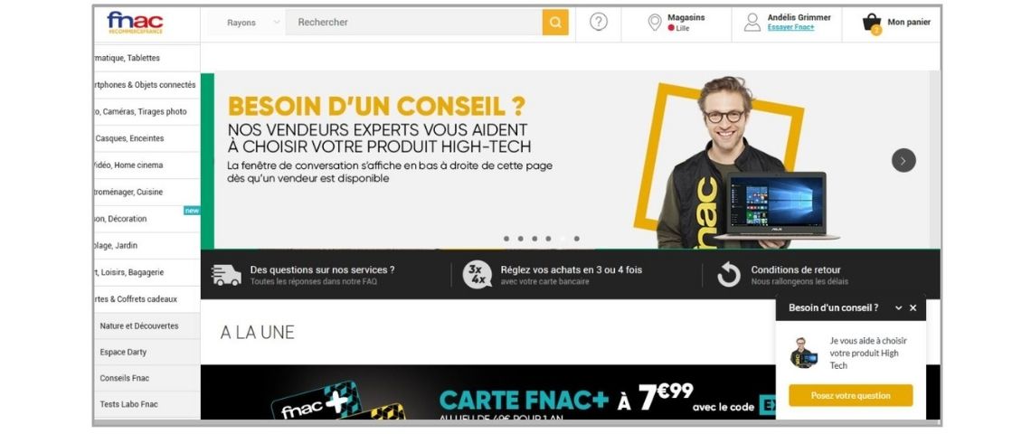 Le groupe Fnac Darty développe la visio et le chat pour conseiller en direct ses clients dans leur parcours d’achat sur internet pour bénéficier d’une expérience personnalisée et immersive pour retrouver l’esprit du magasin sur le Web Capture du site avec un conseiller qui demande - Besoin d'un conseil ? Nos vendeurs experts vous aident à choisir votre produit high-tech