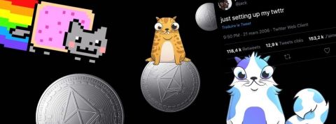 La folie des NFT : Pourquoi des gens dépensent des millions d'euros pour en acheter ? Un montage photo avec nyan cat, des cryptokitties, des pièces d'Ethereum et le tweet de Jack Dorsey