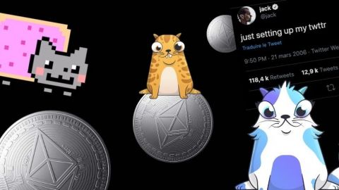 Un montage photo avec nyan cat, des cryptokitties, des pièces d'Ethereum et le tweet de Jack Dorsey