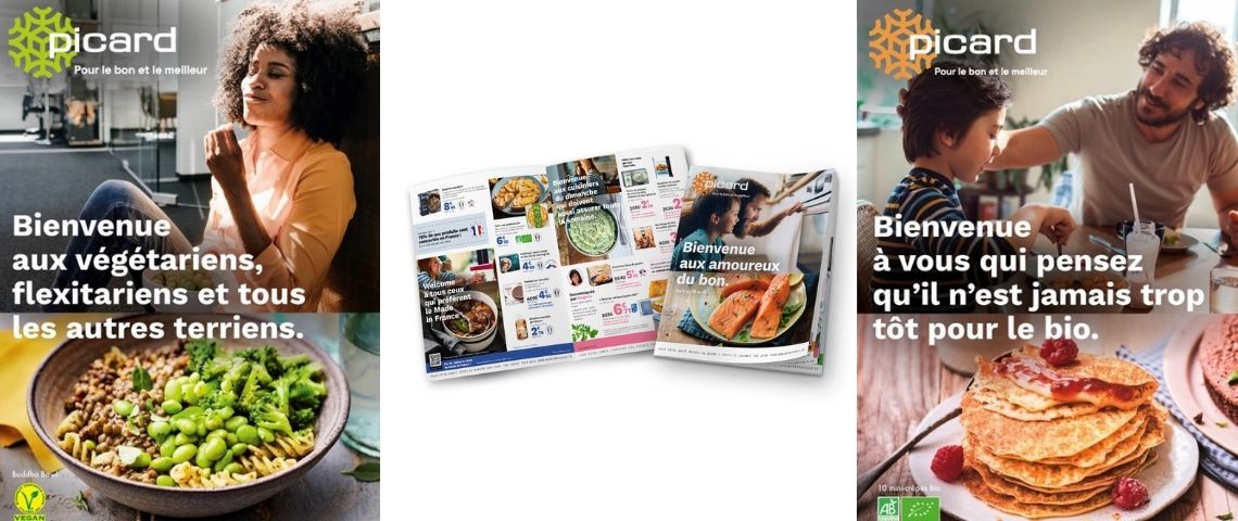 Picard dévoile sa toute nouvelle plateforme de marque qui conçue avec l’agence SCORE DDB, propose aux clients et futurs clients de Picard, une relation réinventée, afin que celle-ci soit plus inclusive Visuel de la campagne mettant en avant une jeune femme mangeant des légumes - vegan - et un papa partangeant des crêpes bio avec son fils