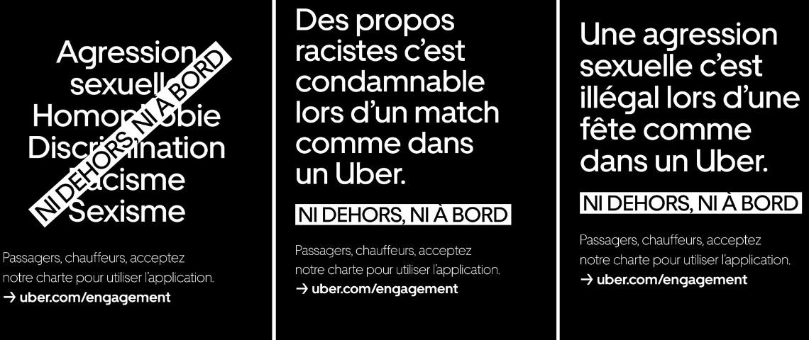 Uber lance sa campagne de refus des violences et discriminations Ni dehors, ni à bord” avec l’agence DDB. Uber lance sa campagne de refus des violences et discriminations Ni dehors, ni à bord” avec l’agence DDB.