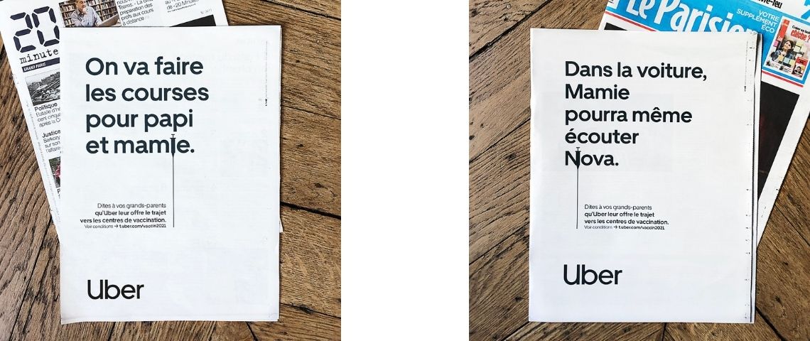 Depuis le 10 février 2021, Uber offre 20 000 courses pour emmener les grands-parents et toutes les personnes vulnérables se faire vacciner. Message Uber : - On va faire les courses pour papi et mamie - et - Dans la voiture, Mamie pourra même écouter Nova -