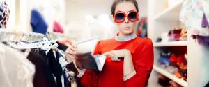 Une femme en train d'ouvrir son portefeuille dans une friperie