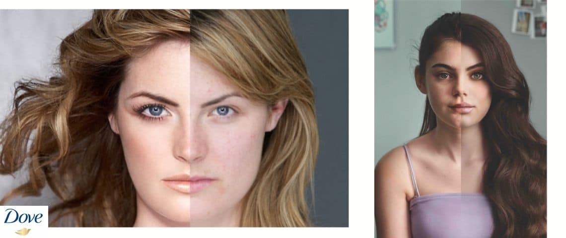 DOVE Deux femmes, un coté du visage avec un filtre ( - embellisseur - ) l'autre au naturel