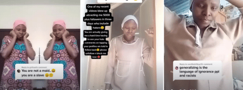 Comment des employées domestiques utilisent TikTok pour dénoncer des employés abusifs dans les pays du Golf. Trois screenshots d'une femme kenyane sur TikTok