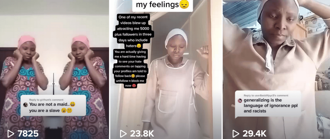 Comment des employées domestiques utilisent TikTok pour dénoncer des employés abusifs dans les pays du Golf. Trois screenshots d'une femme kenyane sur TikTok