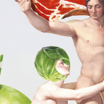 Une femme nue coiffée de salade se jette aux pieds d'une homme qui tient une entrecôte