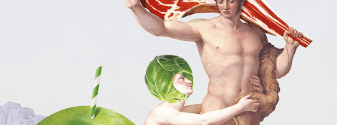 Comment la nourriture sert aussi à performer son genre Une femme nue coiffée de salade se jette aux pieds d'une homme qui tient une entrecôte