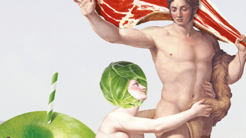 Une femme nue coiffée de salade se jette aux pieds d'une homme qui tient une entrecôte