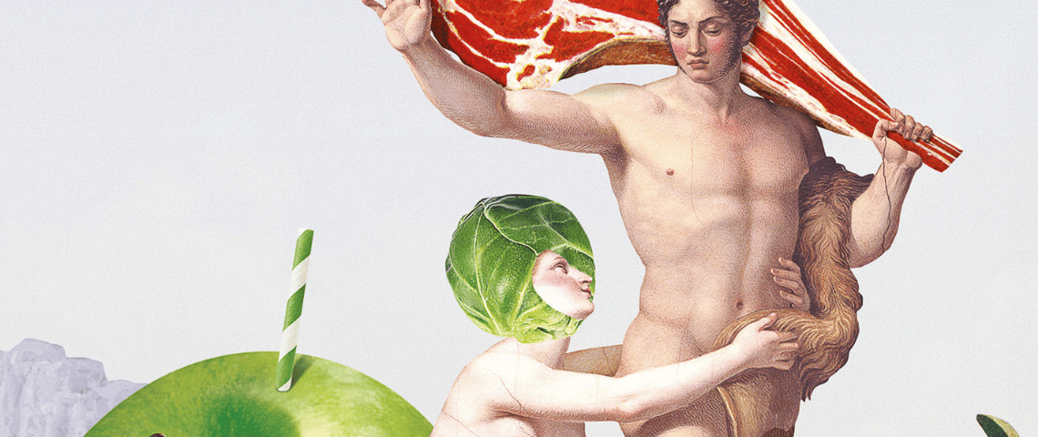 Comment la nourriture sert aussi à performer son genre Une femme nue coiffée de salade se jette aux pieds d'une homme qui tient une entrecôte