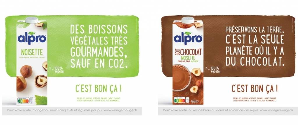 Message : Des boissons végétales très gourmandes sauf en CO2" et "Préservons la terre, c'est la seule planète où il y a du chocolat"