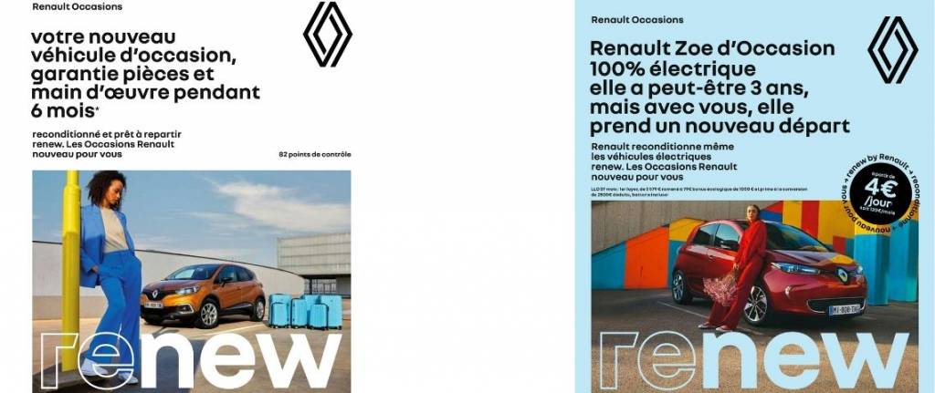 2 visuels de la campagne, avec des véhicules d'occasion et des messages promotionnels