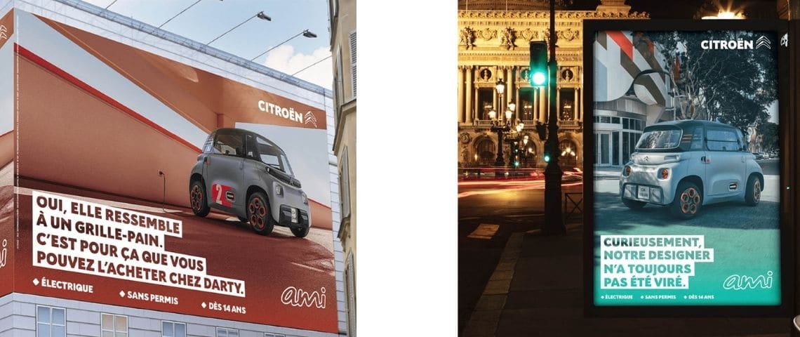 Depuis le 12 avril 2021, Citroën a décidé de mettre en avant son objet de mobilité urbaine : AMI. Affiches de la campagne Citroen Ami