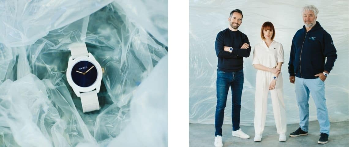 Awake X Suzane, une collaboration engagée dans la lutte contre la pollution des océans, au profit de The Sea Cleaners Montre de la collection capsule et photo de Suzane entouré des directeurs de Aware et The Sea Cleaners