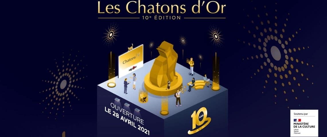 Pour célébrer son 10ème anniversaire, le festival des Chatons d’Or revient pour une édition exceptionnelle avec une nouvelle plateforme 100% virtuelle en 3D. Logo des Chatons d'or