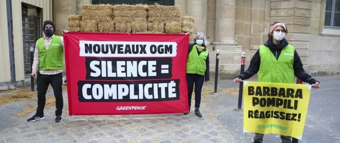 Greenpeace construit un mur de paille devant le ministère de la Transition écologique pour interpeller le gouvernement sur la dangerosité des nouveaux OGM Manifestant Greenpeace devant le ministère de la Transition écologique