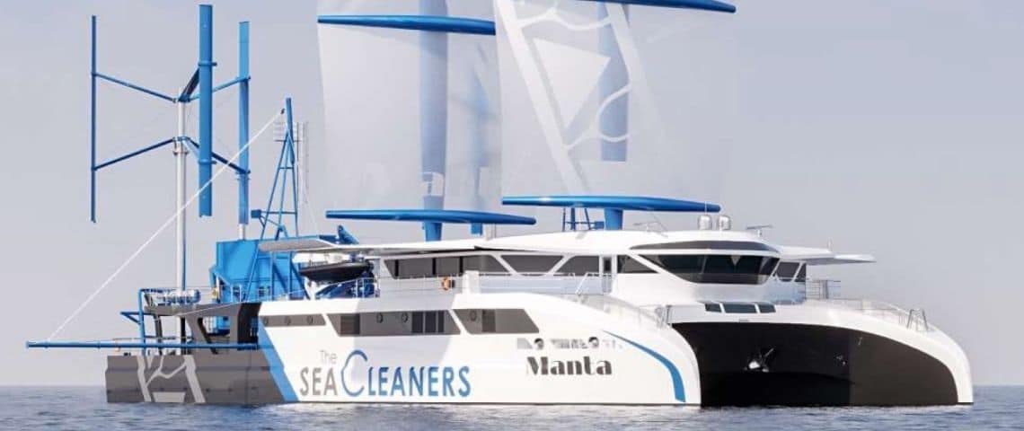 The Seacleaners dévoile la version définitive du Manta, son voilier pionnier et écoconçu pour collecter et traiter les déchets plastiques marins en grande quantité. Photo du voilier géant Manta