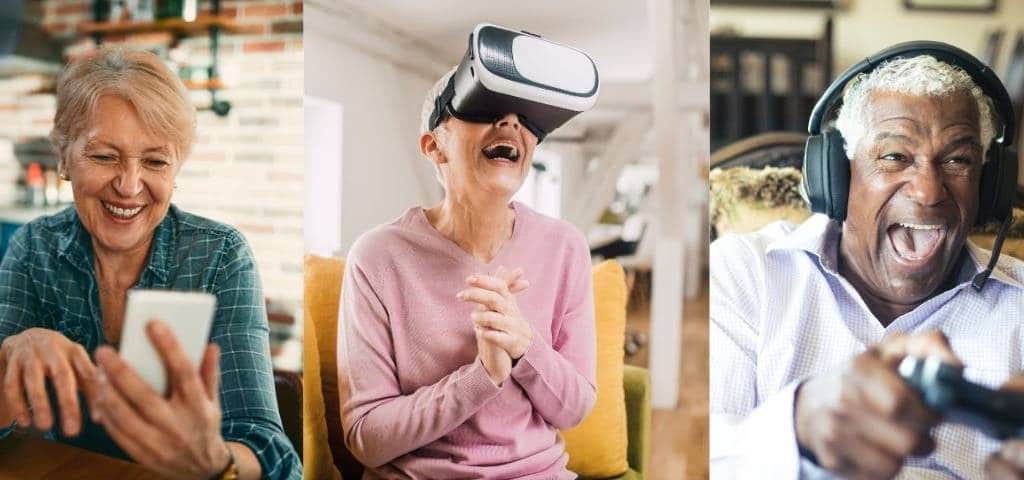 seniors-numerique Montage de trois seniors qui ont des activités numériques (smartphone, casque de réalité virtuelle, jeux vidéo)