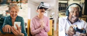 Montage de trois seniors qui ont des activités numériques (smartphone, casque de réalité virtuelle, jeux vidéo)