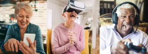 seniors-numerique Montage de trois seniors qui ont des activités numériques (smartphone, casque de réalité virtuelle, jeux vidéo)
