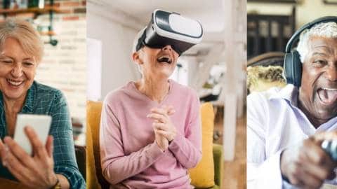Montage de trois seniors qui ont des activités numériques (smartphone, casque de réalité virtuelle, jeux vidéo)