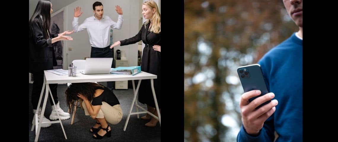 NotMe-application-harcelement-au-travail-entreprises-BtoB Image 1 : image le harcèlement au travail, une femme semble persécutée Image 2 : Un homme regarde son téléphone portable
