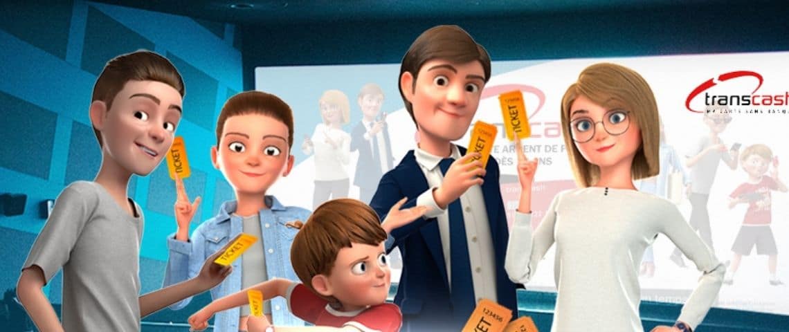 transcash-reouverture-des-cinemas-carte-prepayée-jeux-concours Une famille (père, mère, trois enfants) au cinéma. Personnages de dessin animé