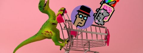 Des NFT chez Ebay : les objets virtuels vont-ils devenir grand public ? Un dinosaure pousse un caddie de course avec Nyan cat et un cryptopunk à l'intérieur