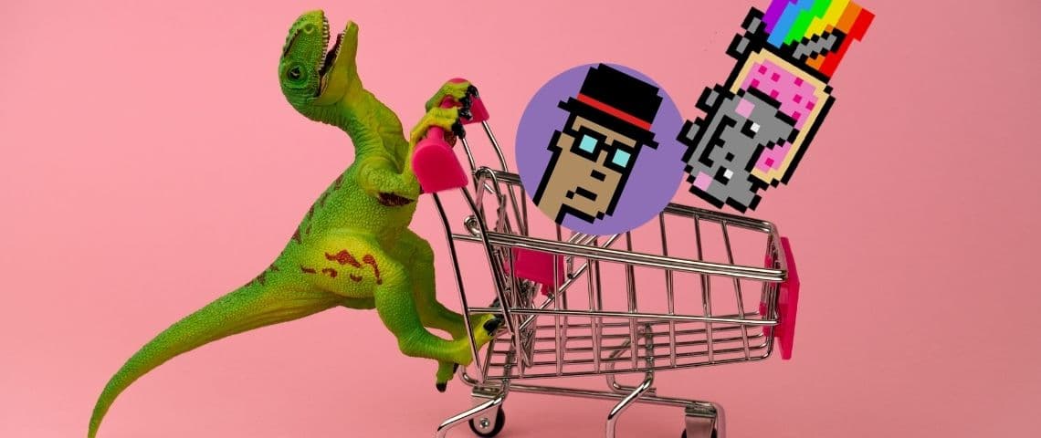 Des NFT chez Ebay : les objets virtuels vont-ils devenir grand public ? Un dinosaure pousse un caddie de course avec Nyan cat et un cryptopunk à l'intérieur